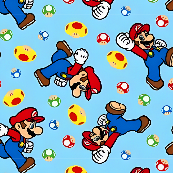 BRUSH ESTAMPADO MARIO BROS CON HONGOS FONDO CELESTE