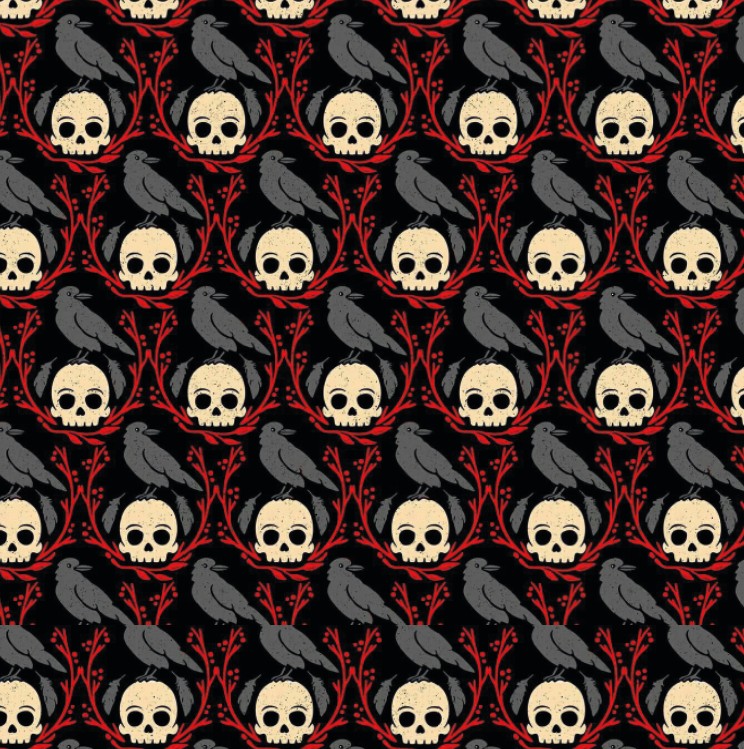 BRUSH ESTAMPADO GOTICO CUEVOS Y ORNAMENTA ROJA