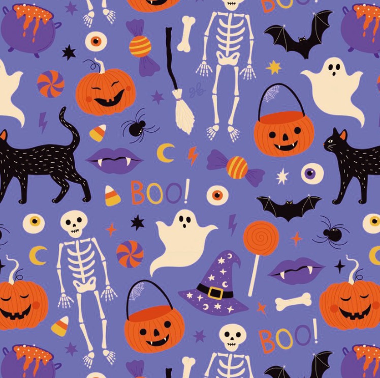 BRUSH ESTAMPADO FIGURAS HALLOWEN FONDO VIOLETA