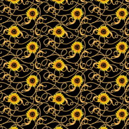 [FLO1005] BRUSH ESTAMPADO GIRASOLES & CADENAS FONDO NEGRO