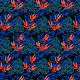 [FLO1049] BRUSH ESTAMPADO HOJAS VERDES, AZULES & CORALES FONDO NEGRO