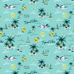 [FLO1066] BRUSH ESTAMPADO BARCOS & PALMERAS FONDO VERDE MENTA