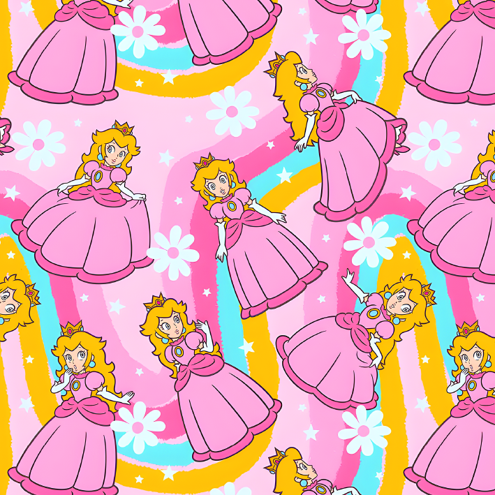 BRUSH ESTAMPADO PRINCESA PEACH, FONDO CYAN AMARILLO Y ROSADO