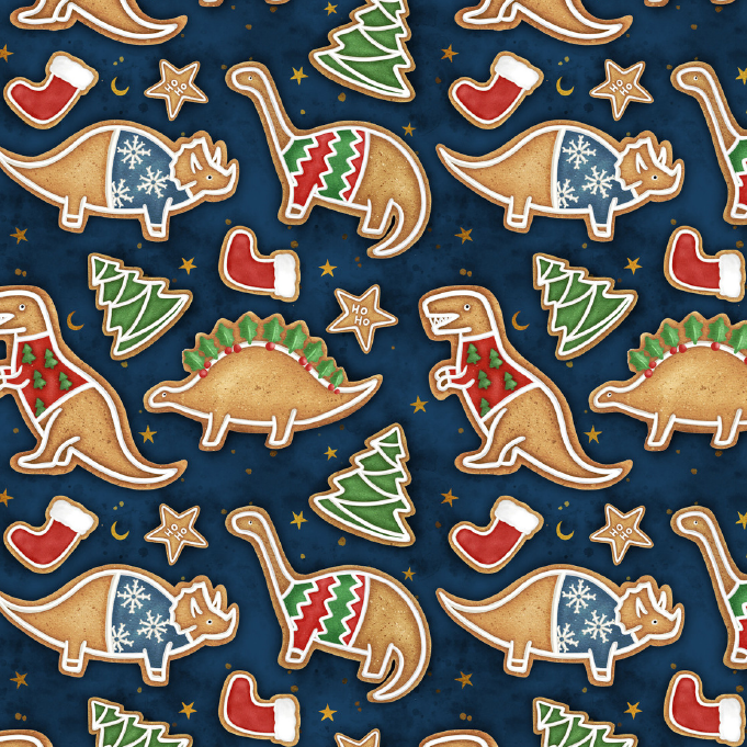 BRUSH ESTAMPADO NAVIDEÑO GALLETAS DINOSAURIOS FONDO AZUL