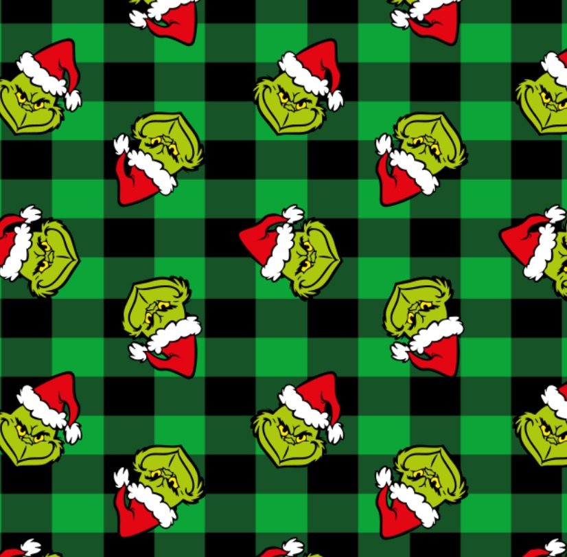 BRUSH ESTAMPADO CARAS DE GRINCH FONDO CUADROS VERDES Y NEGROS