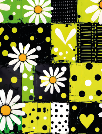 BRUSH ESTAMPADO FLORES BLANCAS CON CUADROS NEGROS Y VERDES