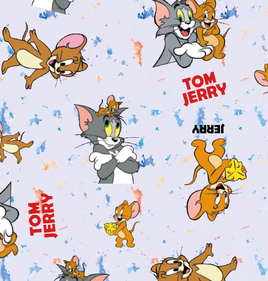 BRUSH ESTAMPADO TOM & JERRY FONDO CON MANCHAS AZULES Y ROJAS