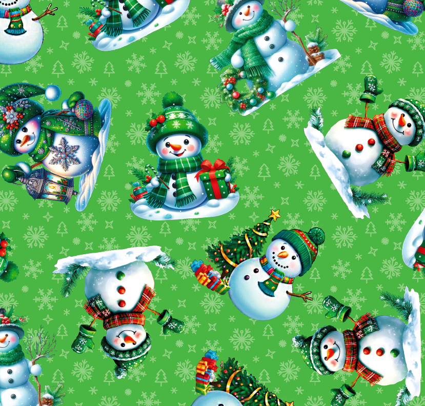 BRUSH ESTAMPADO MUÑECOS DE NIEVE FONDO VERDE CON COPOS DE NIEVE