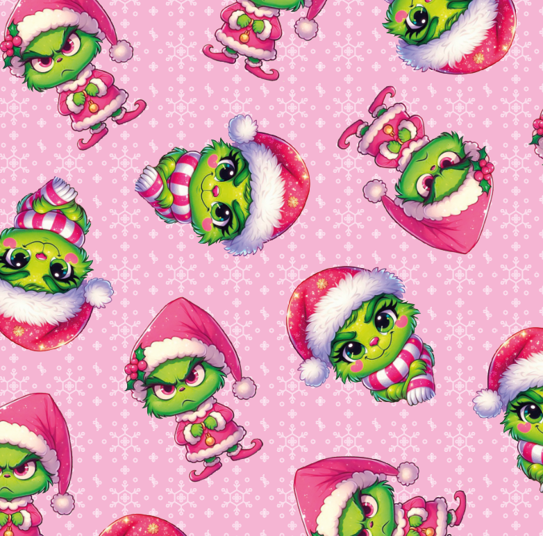 BRUSH ESTAMPADO GRINCH FONDO ROSADO CON COPOS DE NIEVE