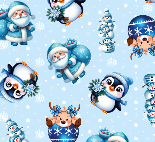 VELVET ESTAMPADO PINGUINOS Y SANTA CELESTES 1005