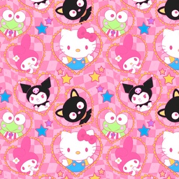 [DHK1000] BRUSH ESTAMPADO HELLO KITTY Y SUS AMIGOS FONDO CUADROS ROSADOS